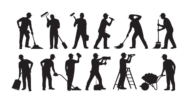 Professional cleaning and construction silhouettes showing workers with tools in various positions