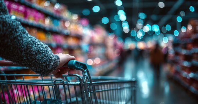 Hand of a shopper holding a shopping cart in a brightly lit grocery store aisle filled with colorful products and blurred background shoppers
