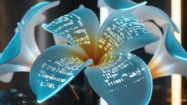 Futuristic digital white plumeria flower with glowing binary data