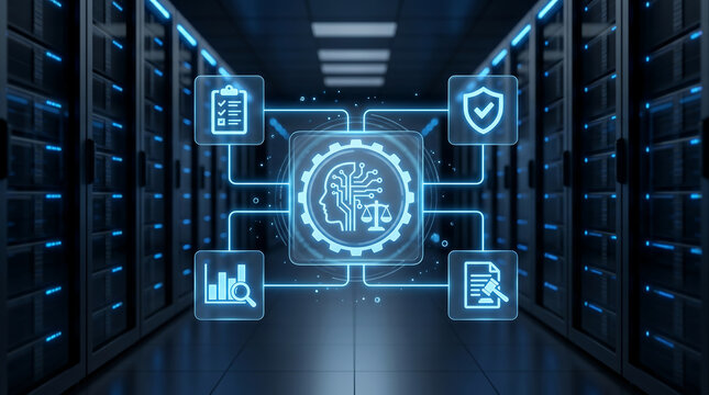 Artificial intelligence ethics and legal compliance concept with AI head icon scales of justice and regulation symbols on digital interface in a modern data center server room