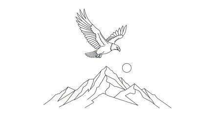 Obraz premium A monochrome illustration of a bird soaring above a jagged mountain range, with a circle