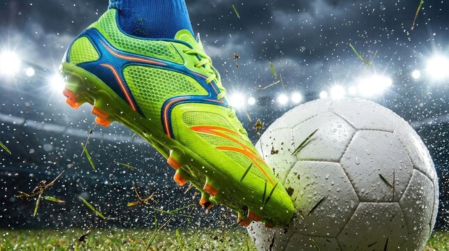 Action photography of vibrant green soccer boot hitting white ball with flying mud and water.