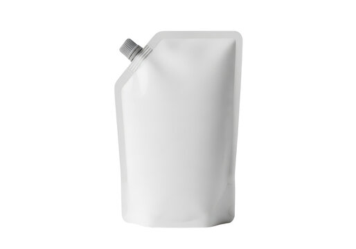 white flexible pouch with screw cap, stand-up liquid container, packaging for food or drink isolated on transparent background, modern packaging design, product display.