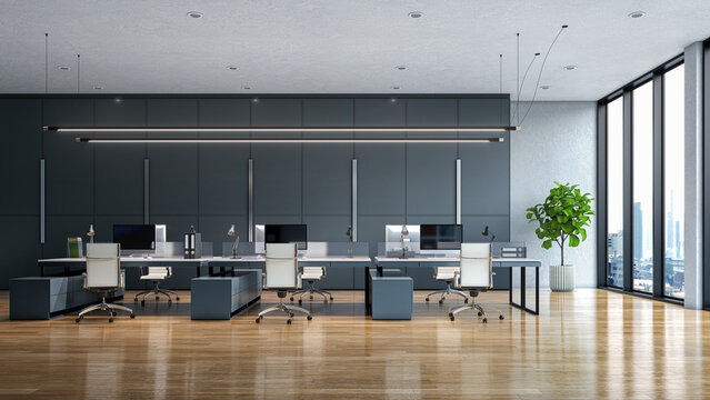 Modern open space office interior with minimalist design, workstations with computers and ergonomic chairs, wooden floor and large panoramic windows with city view. 3D illustration