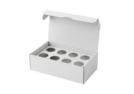Open white cardboard box with circular slots, ideal for packaging small items or beverages, presented on a transparent background, clean and minimalist design.
