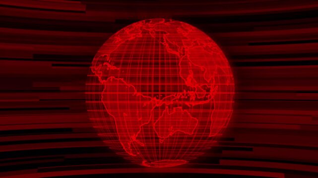Futuristic particle globe. Seamless red tech animation.