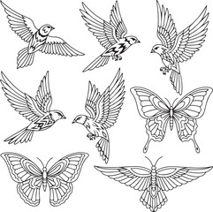 Obraz premium A colorful set of vector butterflies and silhouettes featuring artistic wing patterns for nature-inspired tattoo designs and summer insect illustrations in a decorative spring collection