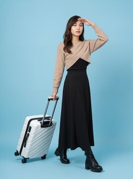 Young Woman with Suitcase Looking Away