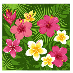 Obraz premium Tropical flower pattern with vibrant hibiscus, plumeria, and exotic blossoms in a lush green foliage backdrop. Colorful floral display with various tropical flowers and leaves.