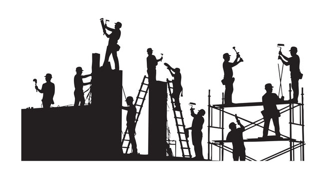 Group of mason and bricklayer silhouettes working on concrete structures with professional equipment