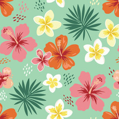 Obraz premium Tropical flower and leaf pattern on a mint green background. Vibrant hibiscus and plumeria blossoms with tropical foliage.