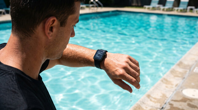Man Tracking Water Workout Statistics on Waterproof Smartwatch
