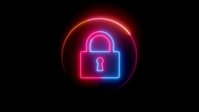 Cyber security lock. Bright neon glowing effect animated stock video.