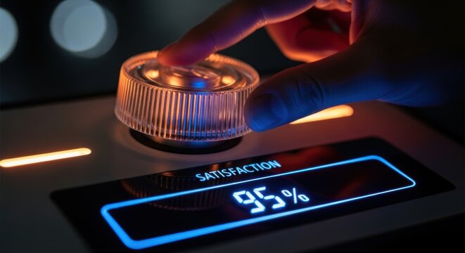 Person turning futuristic control knob on digital interface to reach ninety five percent satisfaction, for quality assurance, precision, pursuit perfect performance