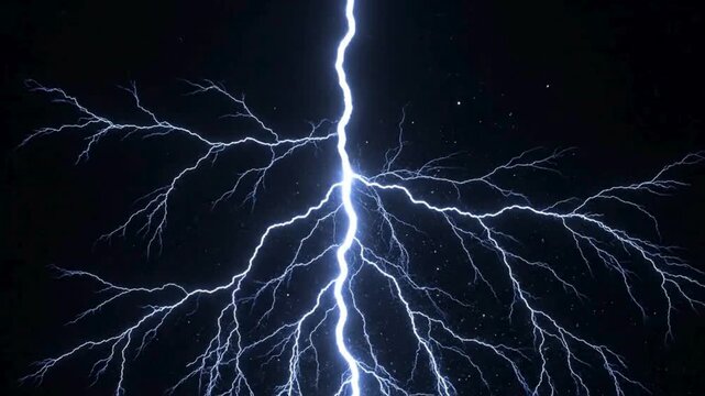 Powerful lightning strike with bright electric discharge and branching bolts against a dark night sky