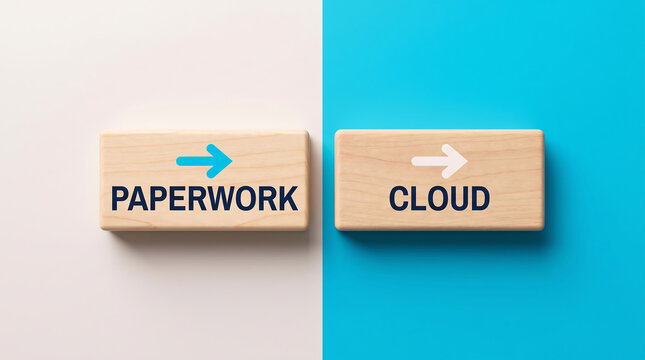 Digital transformation and business modernization concept showing transition from traditional paperwork to cloud computing storage with wooden blocks and arrows on split background