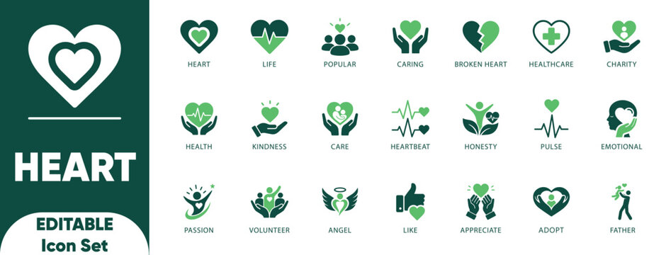 Heart icon set. appreciate, caring, charity, heartbeat, honesty, kindness, organ, passion, pulse, and solid icons.