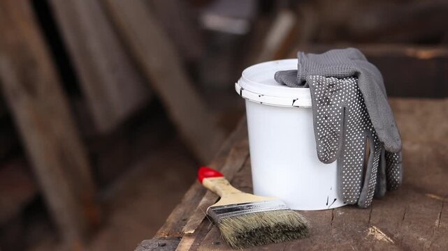 Painting set: brush, gloves and small white bucket with paint or varnish on wooden background. Workshop. Repair and construction concept. Painting tools on wooden background. Close-up of tools