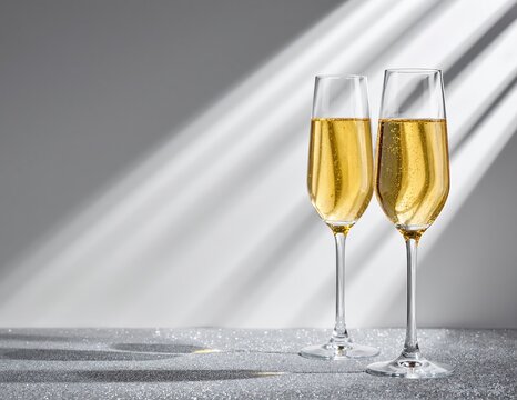 Two sparkling champagne flutes on a wooden table, soft warm lighting and gentle bubbles rising in each glass