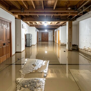 Flooded unfinished basement hallway with water damage and debris