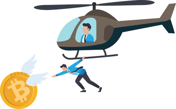 Businessman hanging from helicopter chasing a flying bitcoin for cryptocurrency investment concept.