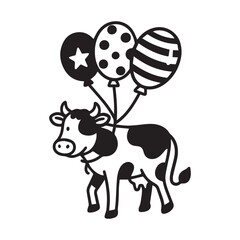 Naklejka premium Cute Cartoon Cow Floating with Three Patterned Balloons Black and White Vector Illustration