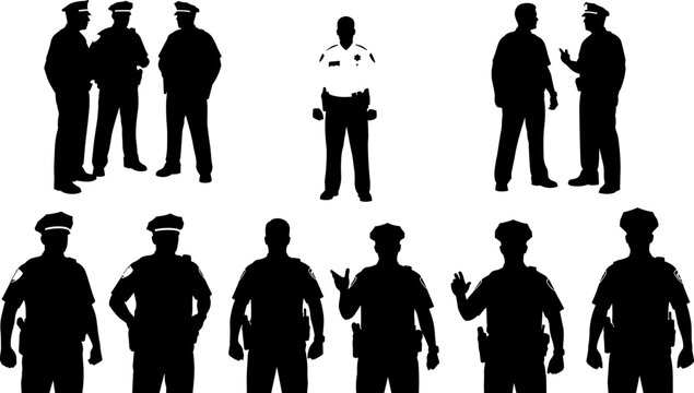 Black Silhouettes of Police Officers in Uniform, Standing, Conversing, and Gesturing in Various Law Enforcement Poses for Illustration