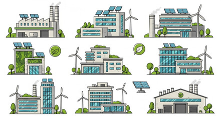 Fototapeta premium Collection of modern eco-friendly buildings with solar panels and wind turbines.