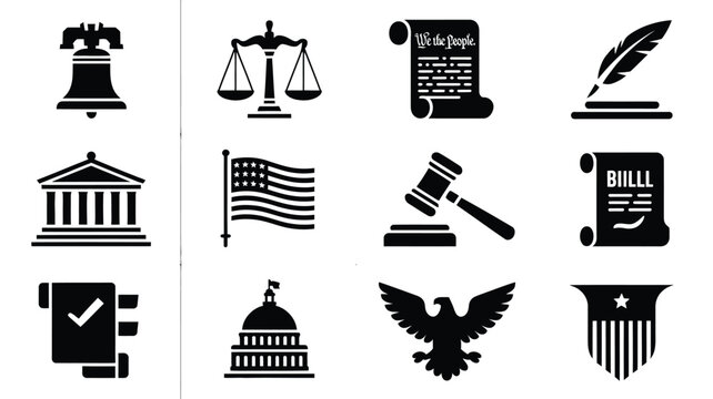 American legal and government icons set including liberty bell scales constitution quill gavel flag bill law symbols on white background