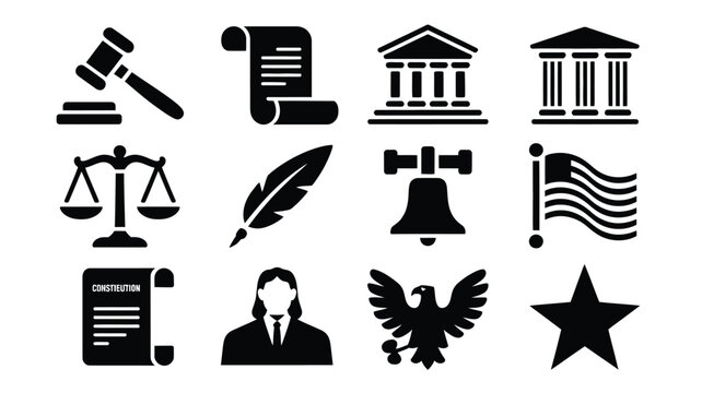 Set of law and government icons including justice symbols legal documents and national emblems on white background