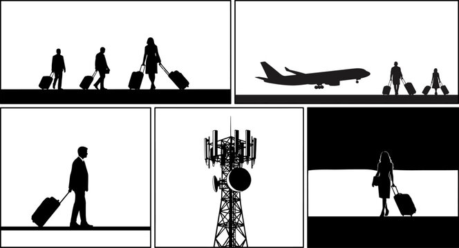 Global travel and communication technology connection illustrated through people with luggage, airplanes, and modern telecommunications tower in artistic collage