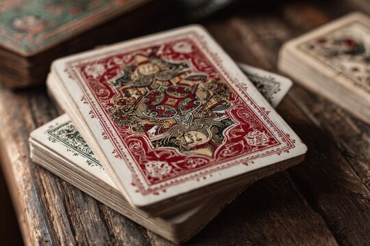 Vintage playing cards with intricate designs featuring kings and queens stacked on a rustic wooden surface, additional decks partially visible in the background