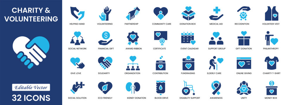 Charity and Volunteering icon set. Containing charity, assistance, volunteerism, selfless, sympathy, compassion, kindness, selfless, benevolence and more. Solid vector icons set collection.