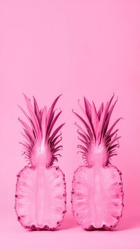 Two ripe pink pineapples with spiky crowns on a bright pastel background, creating a bold, tropical, and playful summer vibe