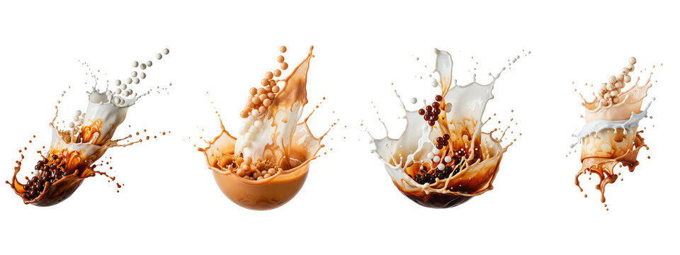 Milk and coffee splashes with boba pearls isolated on black background