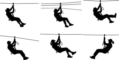 Zip line silhouettes collection with people riding aerial cable adventure activity outdoor recreation extreme sport isolated on white background © MdMotahar