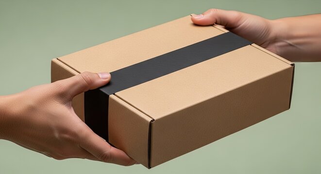 A delivery person hands over a cardboard parcel to a recipient during a home delivery service transaction emphasizing safe shipping practices for packages and containers within the logistics