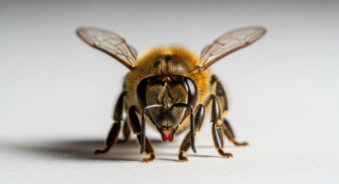 A fuzzy honey bee with extended wings shows the complex anatomy of its fuzzy thorax and large compound eyes while standing ready to fly in an agricultural landscape during the warm summer season