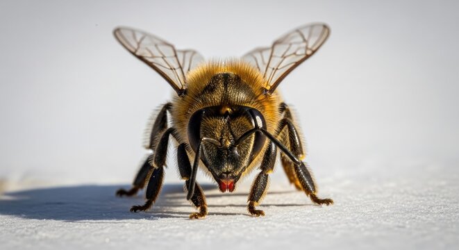 A fuzzy honey bee stands ready for flight while preparing to collect nectar from flowers in a sunny garden as nature continues the cycle of pollination for plants and trees in the warm summer