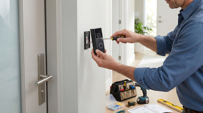 Handyman installing a wireless smart video doorbell on a house wall for home security and surveillance with tools and instruction manual in the background
