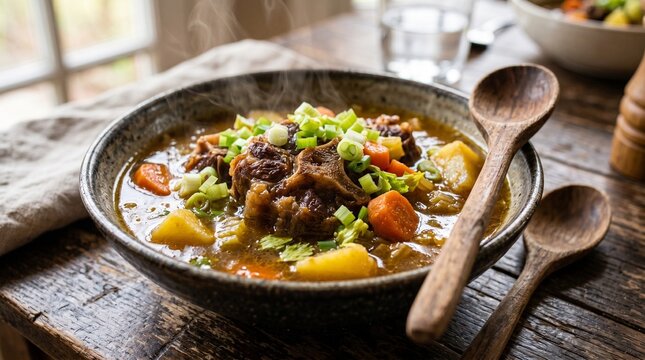 Close up of hot steaming oxtail soup with carrots, potatoes, and green onions in a bowl.