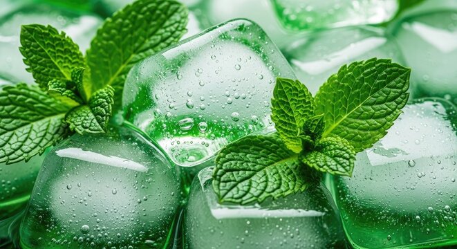 Fresh green mint leaves resting on frozen water cubes creating a refreshing sensation for summer beverages and drinks to serve chilled liquid refreshment during hot weather seasons for thirsty