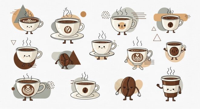 Assorted collection of cartoon coffee cups and roasted beans showing happy expressions for breakfast menus or beverage designs that feature steaming drinks and cheerful characters for joyful