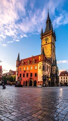 Fototapeta premium A historic town square with a large ornate building and tower