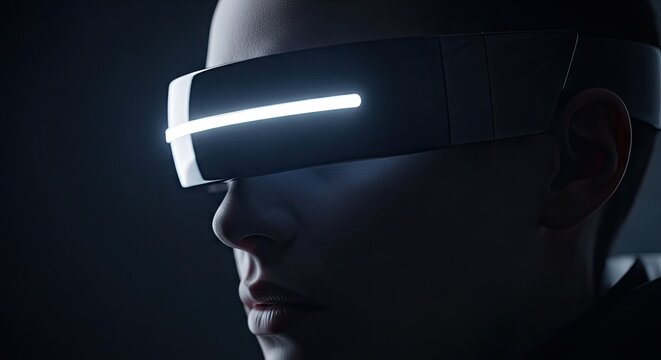 Person wearing advanced headgear device with glowing linear light source in dark environment representing digital immersive experience for future technology training and simulated virtual