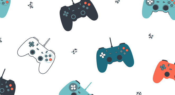 Colorful video game controllers seamless pattern for gaming backgrounds.