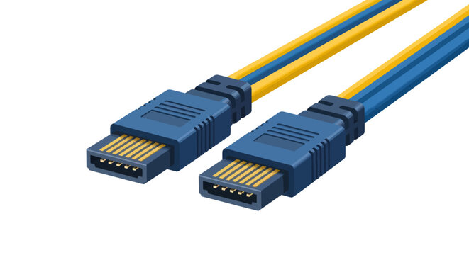 Two HDMI cables with blue and yellow wiring for data transfer.