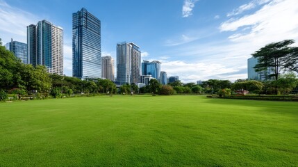 Obraz premium Lush Green Park Surrounded by Modern Skyscrapers Under Bright Blue Sky in City Landscape