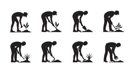 Gardening actions silhouettes of people planting and cultivating plants © MdShohidul