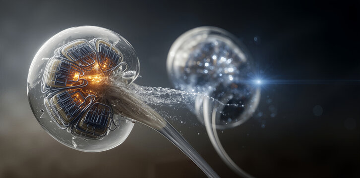 Advanced biotech instrument displaying luminous internal structures amidst dark space